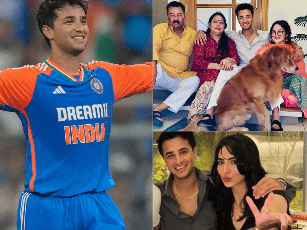 A three-panel image: Abhishek Sharma celebrating in India jersey, a family photo with four people and a dog, and him with his girlfriend outdoors.