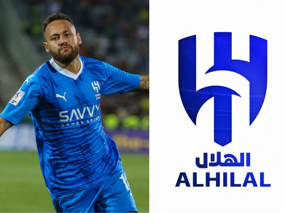 A split image showing Neymar in a bright blue SAVVY-sponsored jersey on the left, and the Al Hilal football club logo in blue and white on the right.