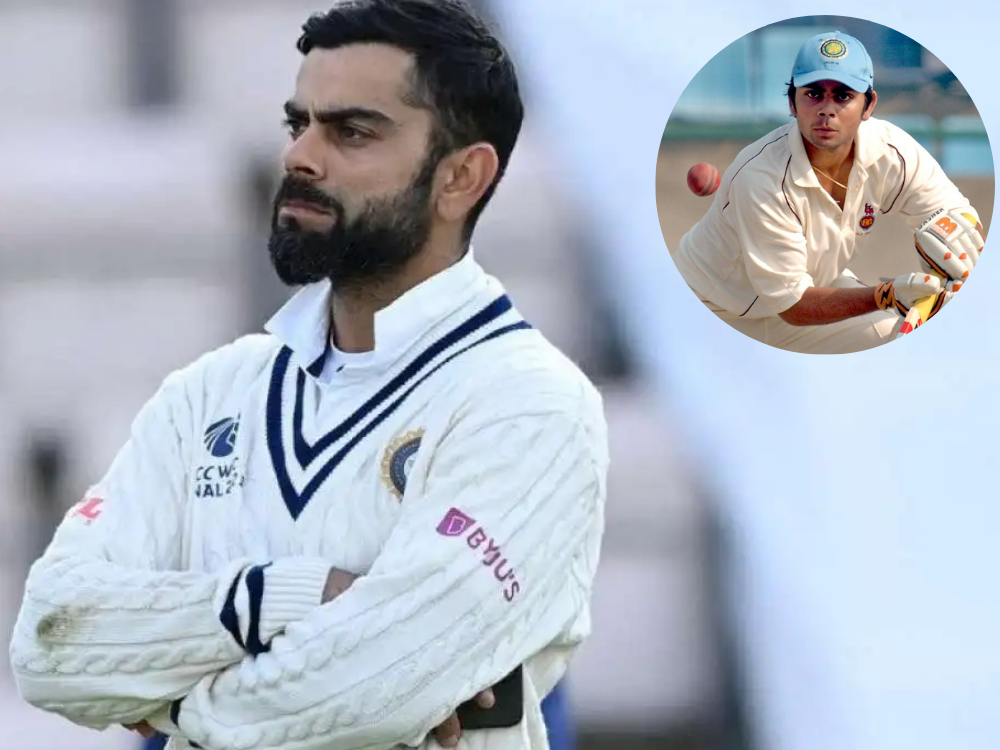 Virat Kohli in white Test cricket uniform with navy blue trim, arms crossed, with a smaller inset of him as a young player in white gear.