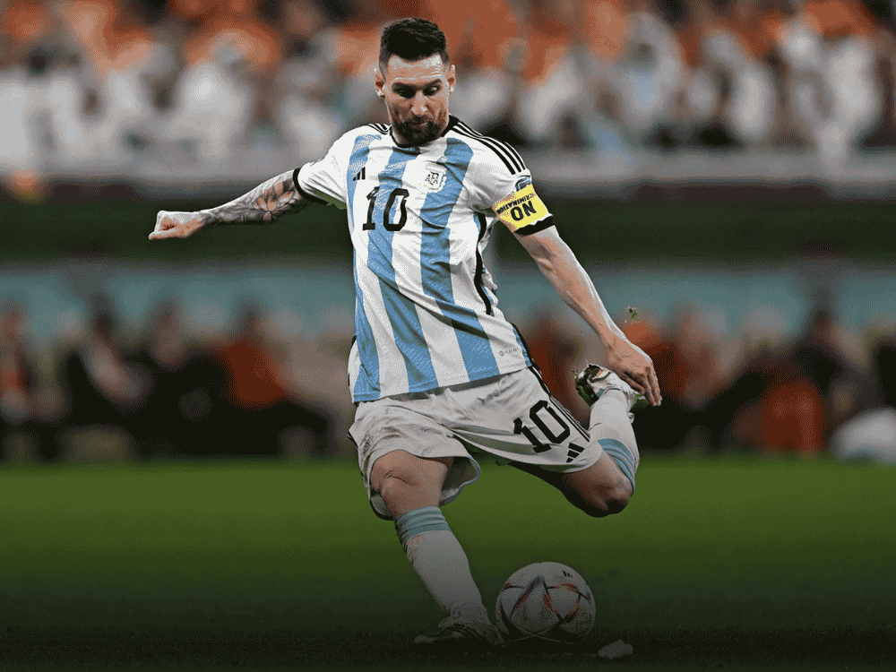 Lionel Messi playing football in ground for Argentina team.