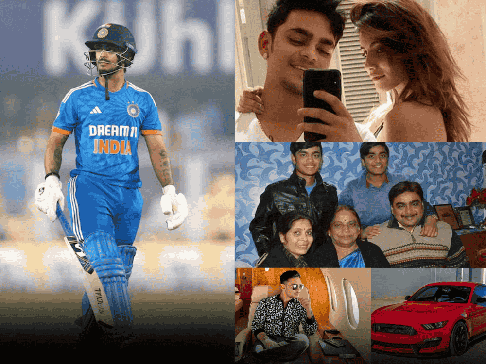 Ishan Kishan bio poster. Right side Ishan Kishan in India jersey, left side photo with his girlfriend, family, car and house.