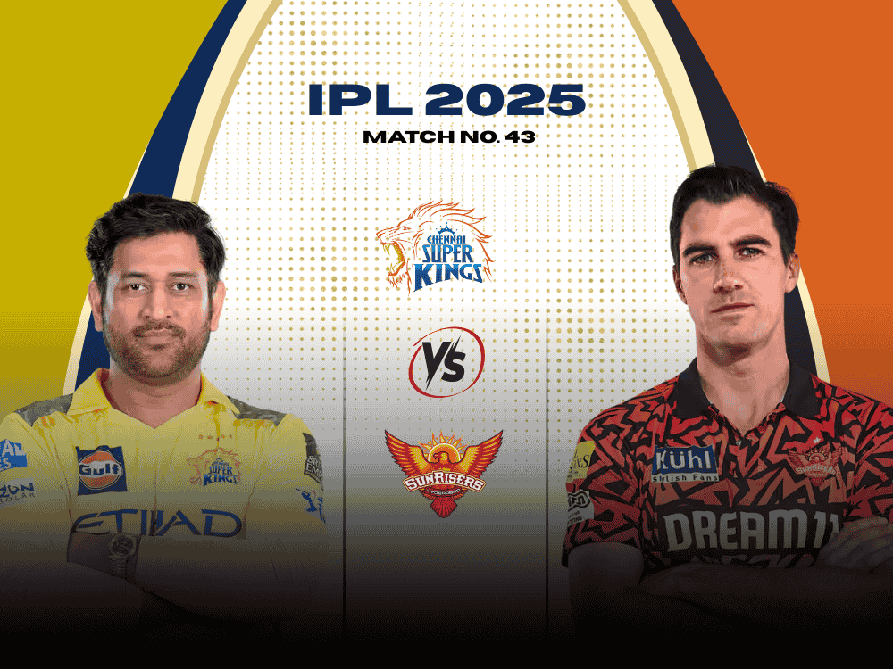 MS Dhoni in CSK jersey on the left and Pat Cummins in SRH jersey on the right featured in the poster for today match prediction CSK vs SRH IPL 2025.