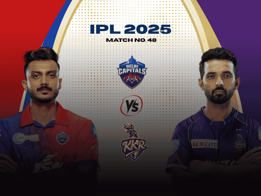 Today match prediction poster of DC vs KKR IPL 2025. Delhi Capitals captain Axar Patel shown on right side and Kolkata Knight Riders captain Ajinkya Rahane shown on left side.