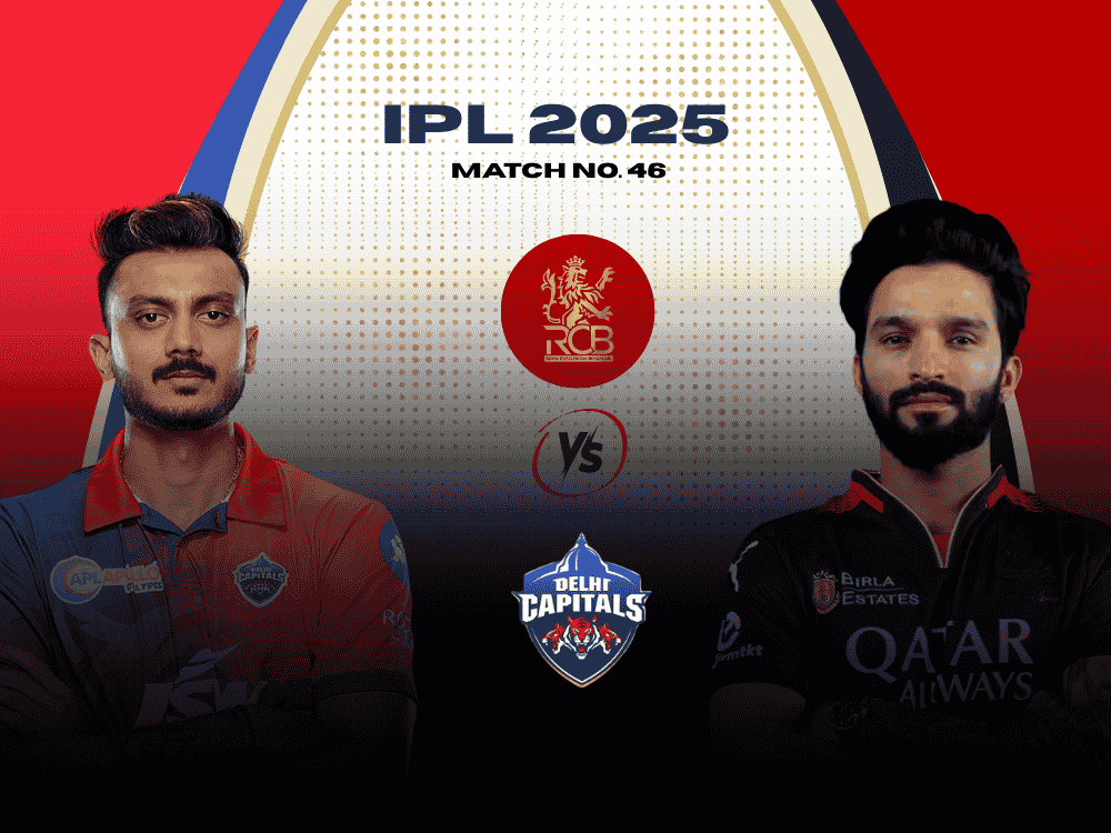 Today match prediction poster showing Axar Patel from DC on the left and Rajat Patidar from RCB on the right, ahead of their IPL 2025 clash.