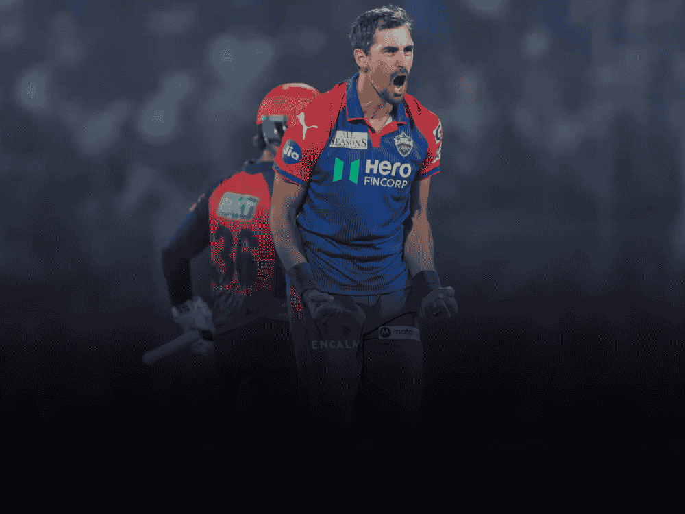 Poster of DC winning the super over game against RR in IPL 2025, where Starc is shown taking wickets of RR team.
