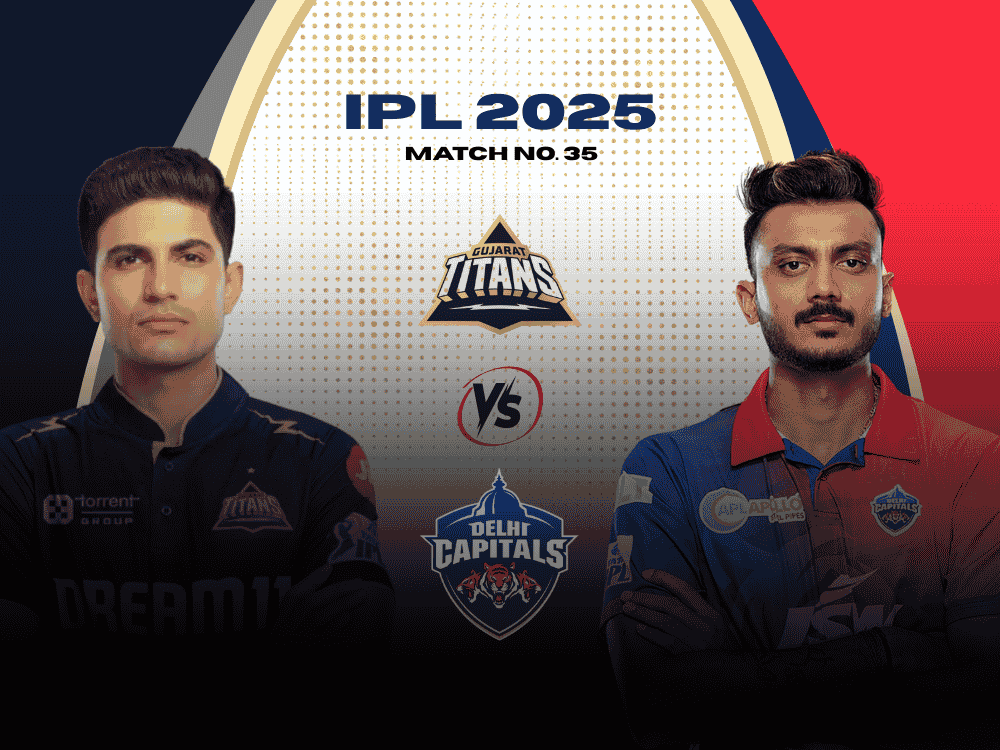 Shubman Gill and Axar Patel face off in IPL 2025 Match 35 – Gujarat Titans vs Delhi Capitals. Gill stands confidently on the left in GT jersey, while Axar, in DC colours, stands on the right, both ready for the big clash at Narendra Modi Stadium.