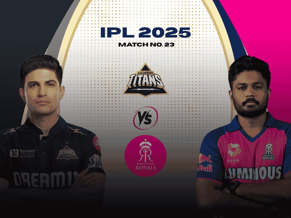 GT vs RR today match prediction. Left side GT captain Shubman Gill, while right side RR captain Sanju Samson is shown.