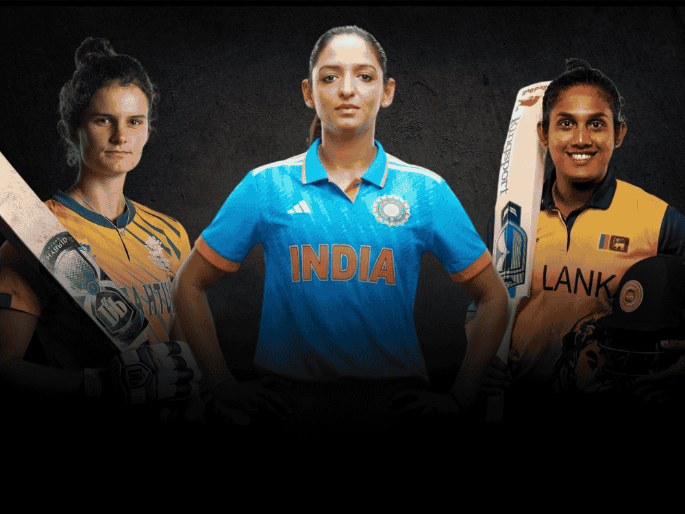 Laura Wolvaardt on the left, Harmanpreet Kaur in the center, and Chamari Athapaththu on the right — captains of South Africa, India, and Sri Lanka women's teams respectively, featured on the poster for the 2024 Women's Tri-Nation ODI Series in Colombo.