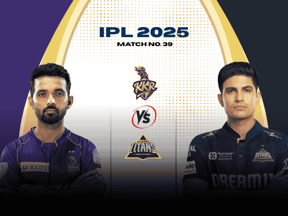 Today match prediction poster. Ajinkya Rahane in Kolkata Knight Riders jersey on the left and Shubman Gill in Gujarat Titans jersey on the right.