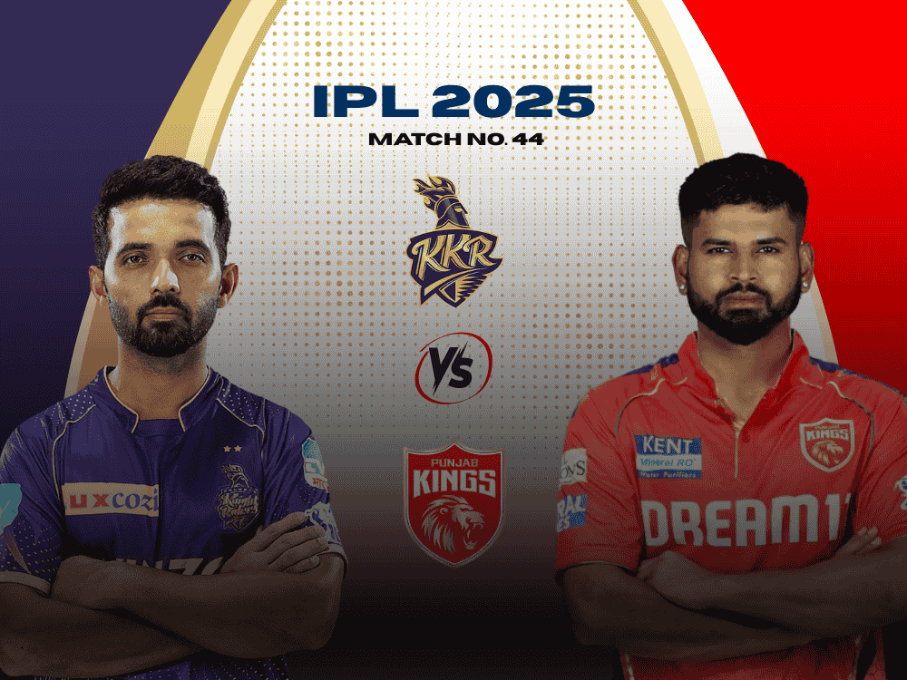 Today match prediction poster showing Ajinkya Rahane from KKR on the left and Shreyas Iyer from PBKS on the right, representing their teams ahead of the IPL 2025 clash.