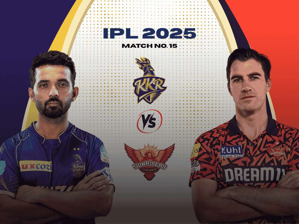KKR vs SRH IPL 2025 today match prediction poster. KKR captain Ajinkya Rahane on left side and SRH captain Pat Cummins on right side.