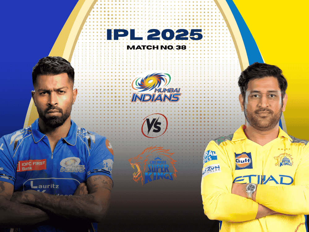 Today Match Prediction of IPL 2025. Hardik Pandya in Mumbai Indians jersey standing on the left side and MS Dhoni in Chennai Super Kings jersey on the right side.