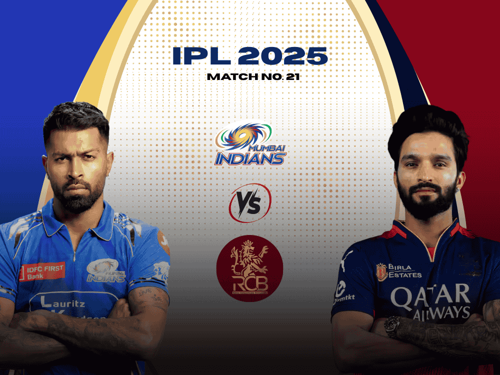 MI vs RCB today match prediction poster. MI captain Hardik Pandya on left side, while RCB captain Rajat Padidar right side placed.