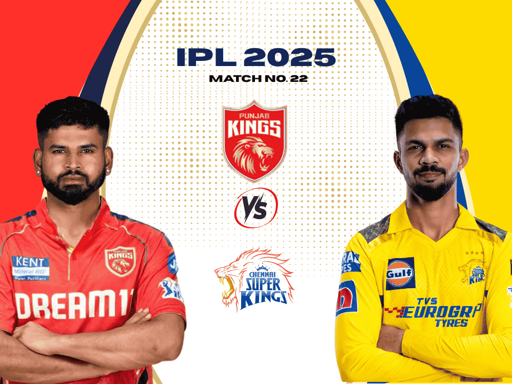 Today Match Prediction poster for PBKS vs CSK featuring the team captains. PBKS captain Shreyas Iyer on left side while CSK captain Gaikwad on right side.