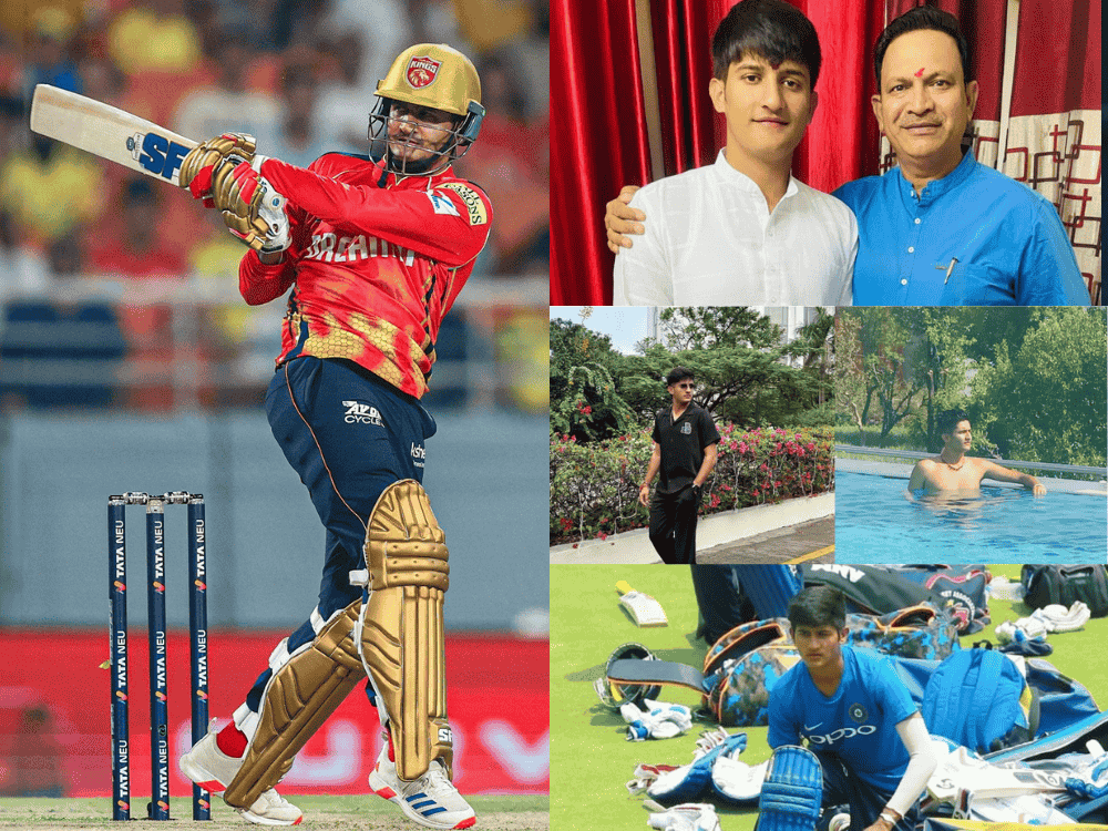 On the left, Priyansh Arya is seen playing a shot during a PBKS vs CSK match. On the top right, he’s sharing a moment with his dad. Below that, he’s chilling and enjoying life. At the bottom right, he’s practicing hard for his upcoming domestic games.