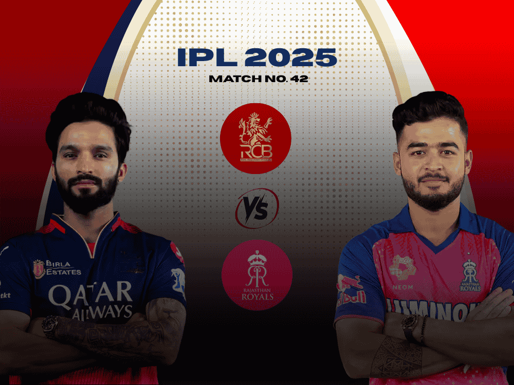 Rajat Patidar on the left in RCB jersey and Riyan Parag on the right in RR jersey featured in a poster for today match prediction RCB vs RR IPL 2025.