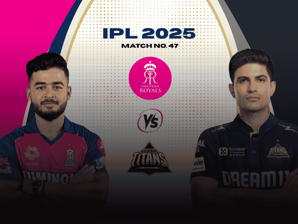 Today match prediction poster for RR vs GT match. RR captain Riyan Parag shown on left side and GT captain Shubman Gill shown on right side. Both players in their IPL team jersey.
