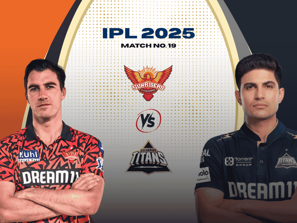 A poster featuring the captains of SRH and GT for IPL 2025 Match 18 for today match prediction. On the left, SRH captain Pat Cummins is pictured, while on the right, GT captain Shubman Gill is shown.