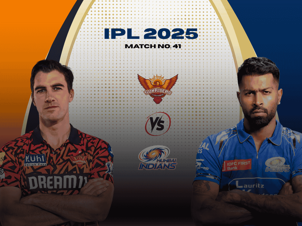 Today match prediction poster of SRH vs MI where Pat Cummins in Sunrisers Hyderabad jersey on the left and Hardik Pandya in Mumbai Indians jersey on the right are shown.