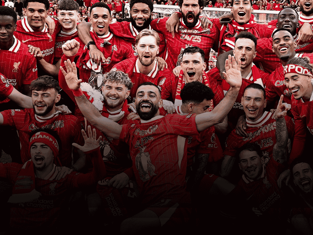 Image showing Liverpool players celebrating after winning their 20th title by defeating Tottenham 5-1 in the final league match.