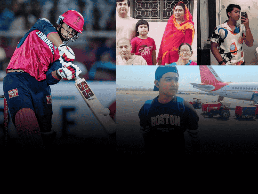 Vaibhav Suryavanshi in RR jersey hitting shot in his IPL 2025 century inning vs GT on left, family photo with father, mother, and grandparents on top right, and Vaibhav at airport on bottom right.