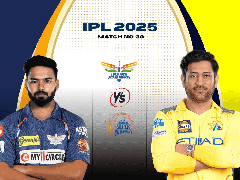 CSK vs LSG today match prediction poster of IPL 2025. On left, LSG captain Rishabh Pant is shown, while on right CSK captain, MS Dhoni.