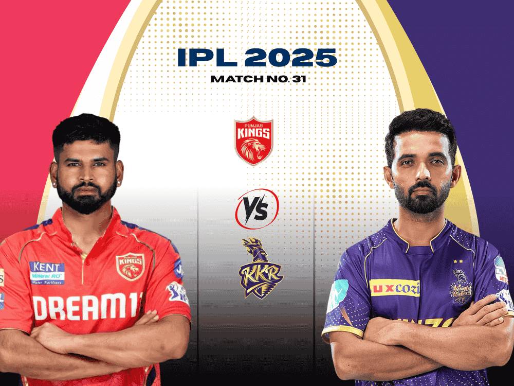 PBKS vs KKR IPL 2025 today match prediction poster with PBKS captain Shreyas Iyer on the left and KKR captain Ajinkya Rahane on the right.
