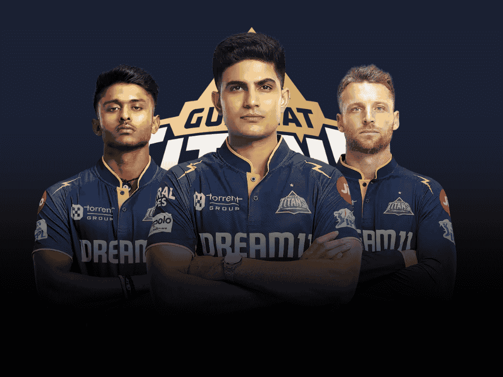 The image of Gujarat Titans winning trio, where captain Shubman Gill is posing at the centre, Sai Sudharsan at left and Jos Buttler on Left.