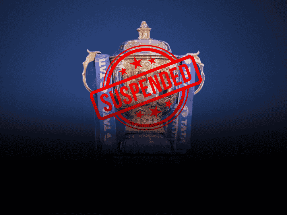 IPL trophy placed in centre with suspended seal on it as tournament suspended due to India-Pakistan conflict.