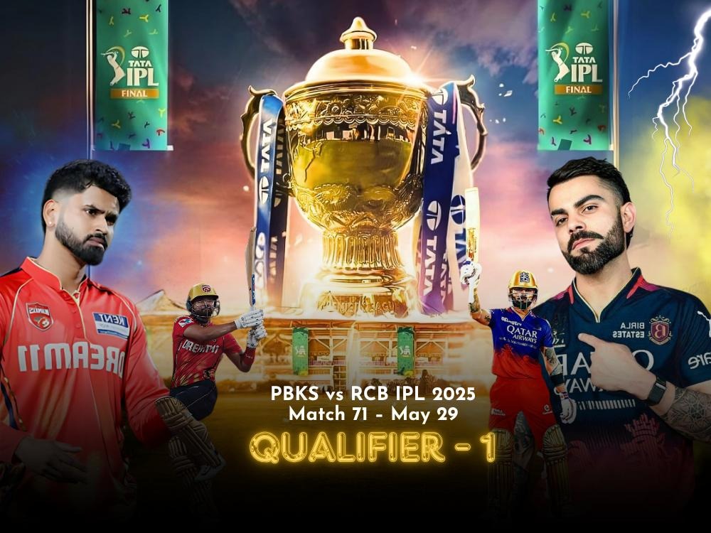 Today Match Prediction IPL 2025 Qualifier-1 : PBKS vs RCB, Match 71 with IPL trophy between star players in their team jerseys.