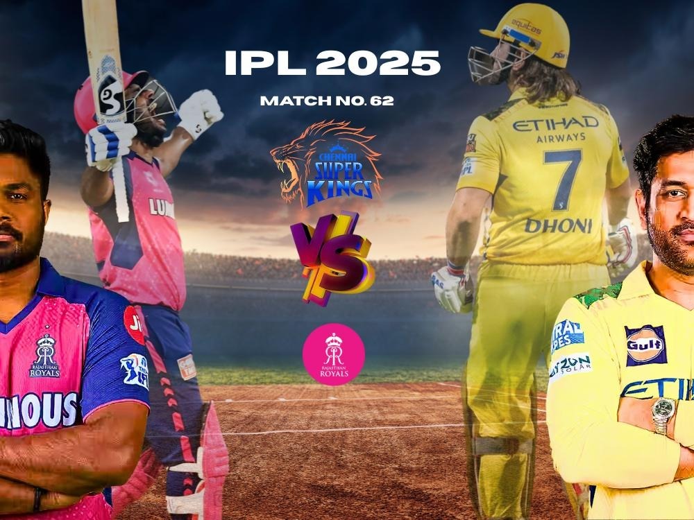 Today match prediction between RR and CSK in IPL 2025, featuring S Samson and MS Dhoni with a stadium backdrop.
