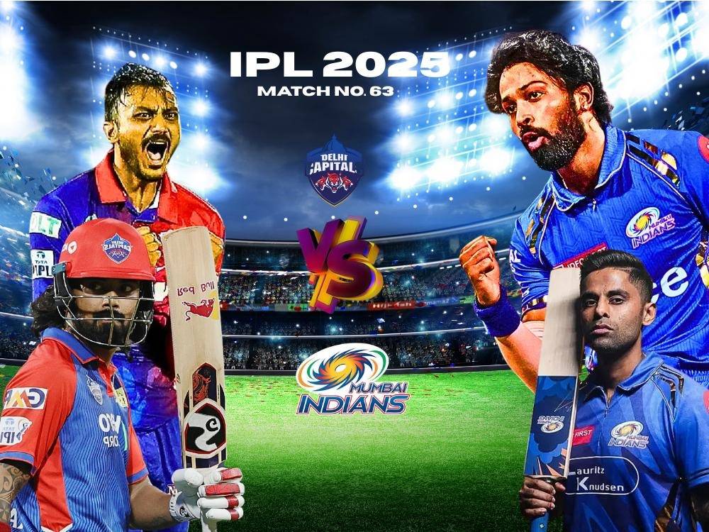 Today match prediction: A thrilling IPL 2025 Match 63 clash between Delhi Capitals and Mumbai Indians, with star players from both teams featured in a high-energy stadium setting.