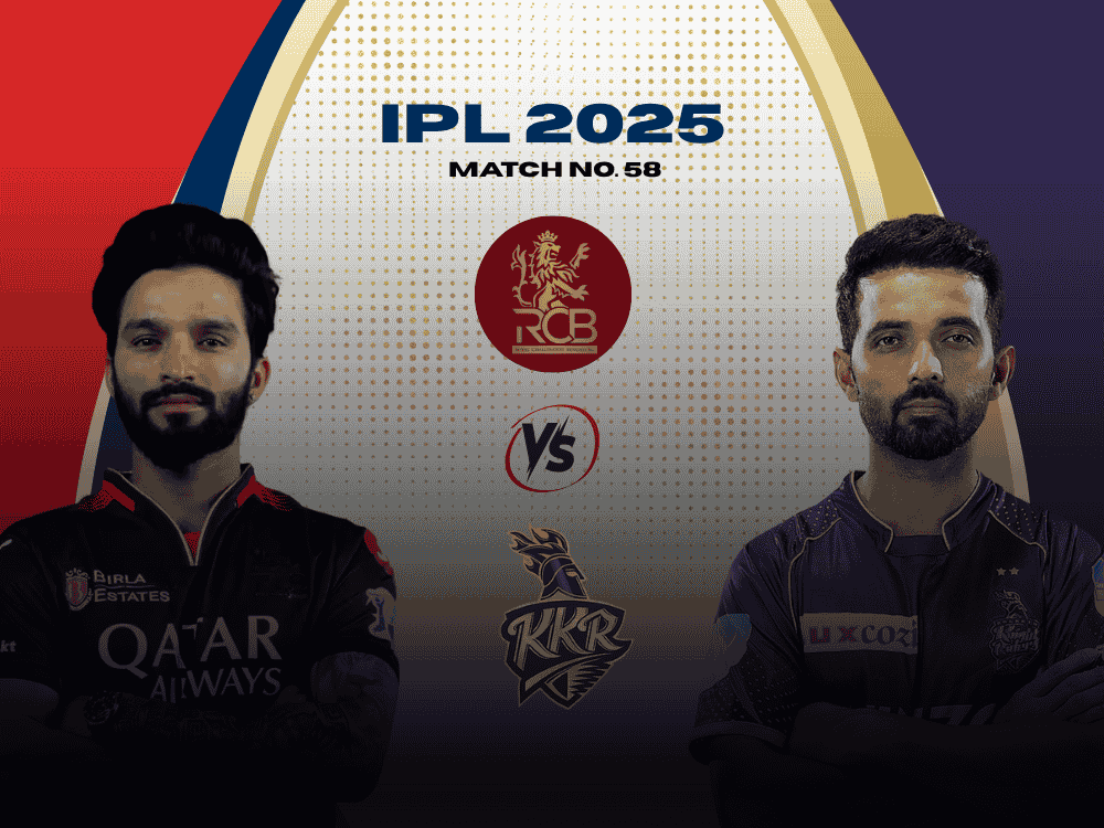 RCB vs KKR match poster showing RCB captain Rajat Patidar on the left while KKR captain Ajinkya Rahane on the right side.