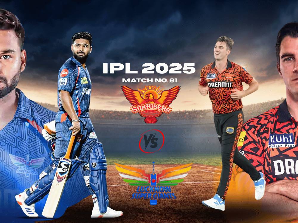 IPL 2025 Match 61: Captain of the teams from LSG (Rishab Pant, holding bat) and SRH (Pat Cummins, running) face off on stadium background.