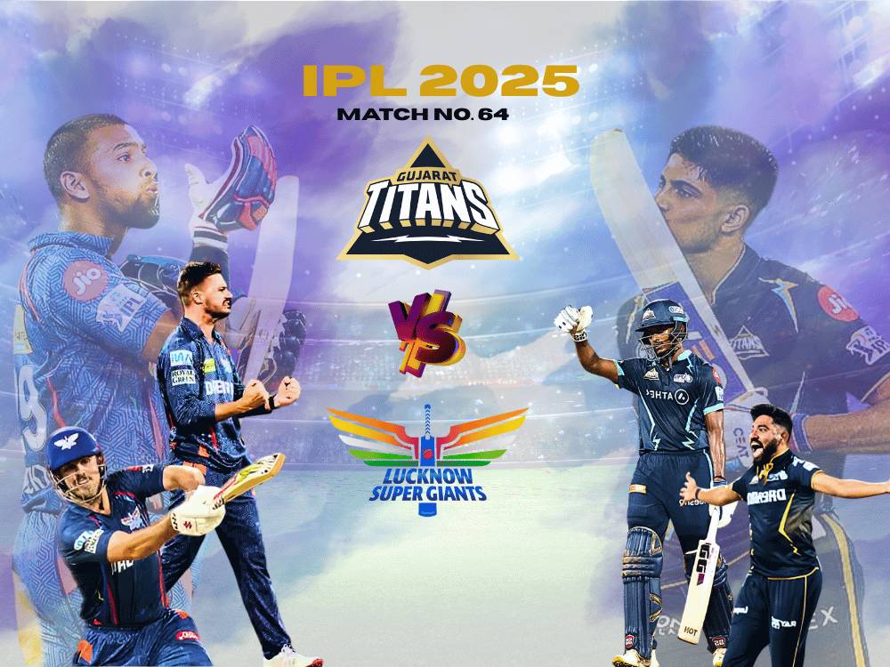 Today match prediction for IPL 2025 Match 64: Gujarat Titans vs Lucknow Super Giants with star players and team logos in a thrilling match poster.