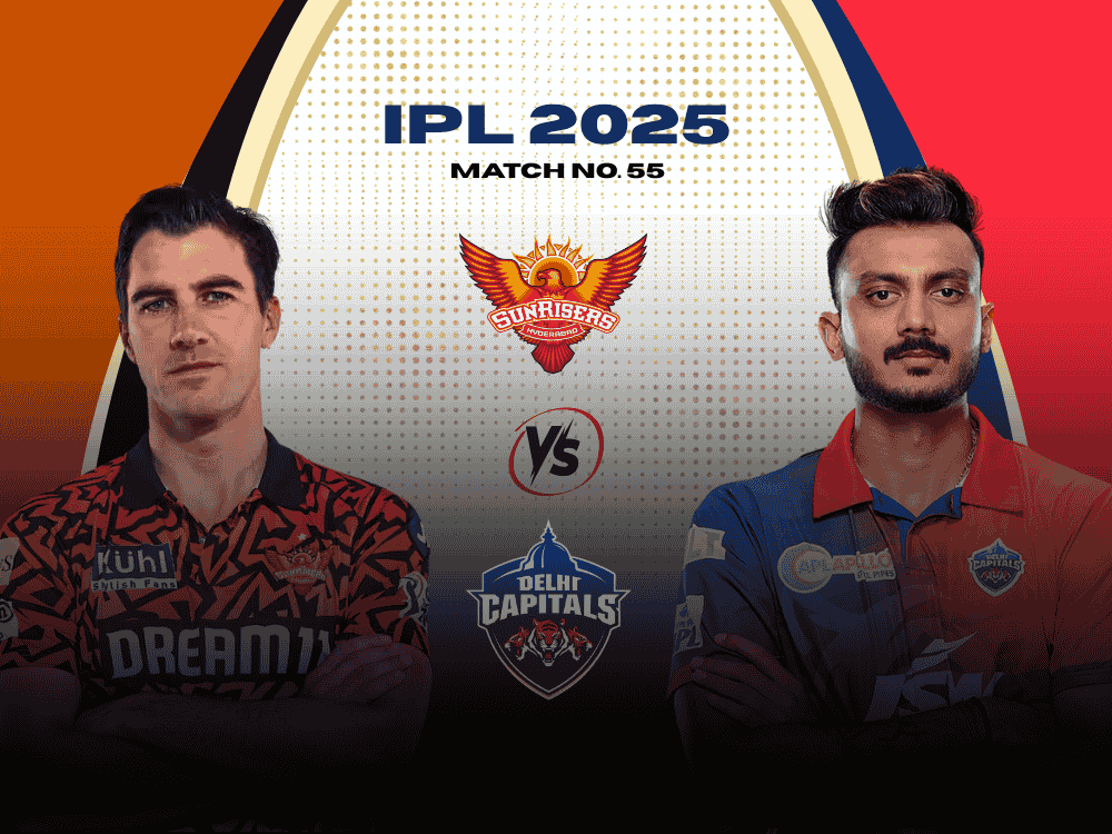Today match prediction poster of DC vs SRH game. Left side SRH captain Pat Cummins has shown while on the right side DC captain Axar Patel.