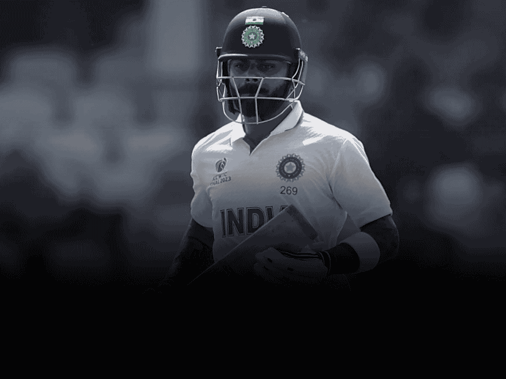 A poster showing Virat Kohli in white cricket jersey, who has recently retired from test cricket.