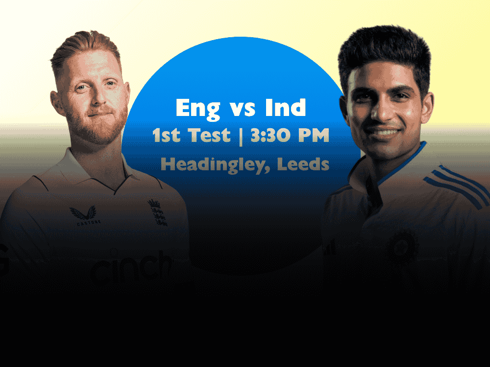 India-England 1st Test match poster featuring Indian captain Gill on the right and England captain Stokes on the left.