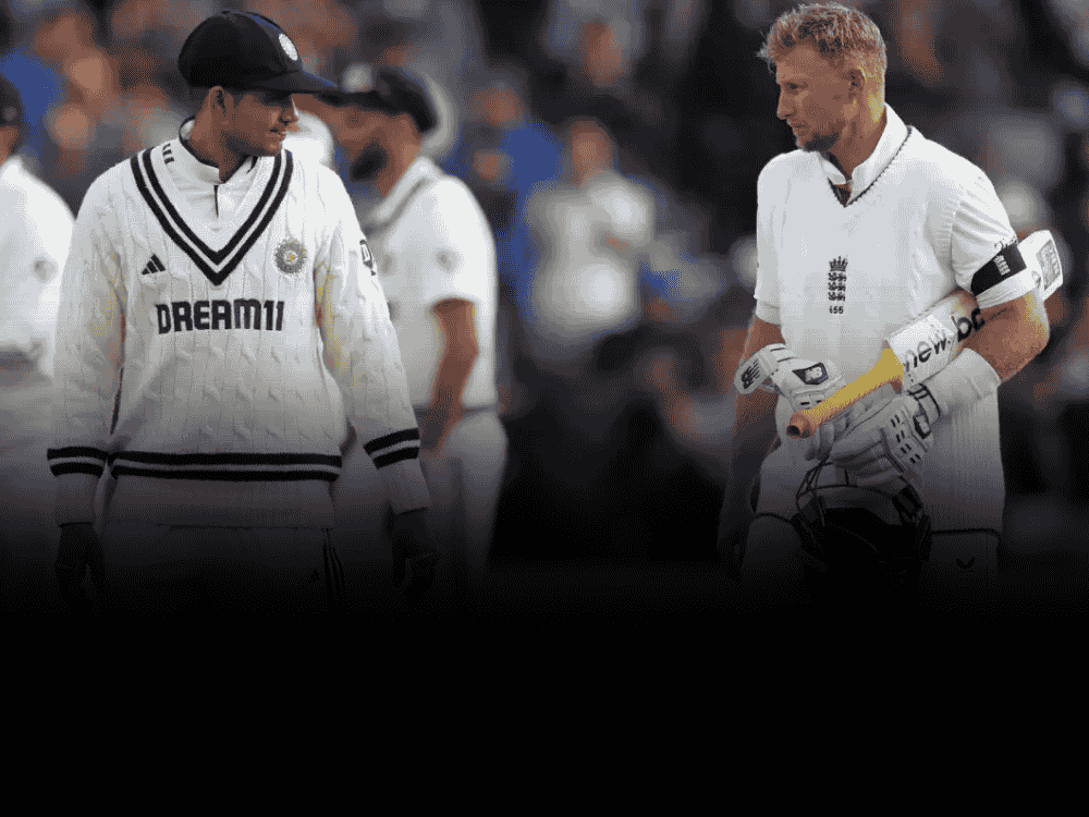 Indian team walks off the field after losing the first Test in Leeds; captain Shubman Gill seen on the left with a dejected look, while Joe Root heads toward the pavilion on the right, celebrating England’s win.