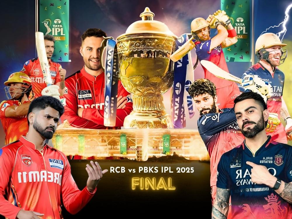 Today match prediction RCB vs PBKS IPL 2025 final with golden trophy and captains of respective teams in their jersey