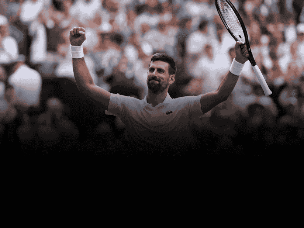 Poster showing Novak Djokovic raising both hands with his racket after winning the match against Alex de Minaur and reaching the quarterfinals of Wimbledon 2025.