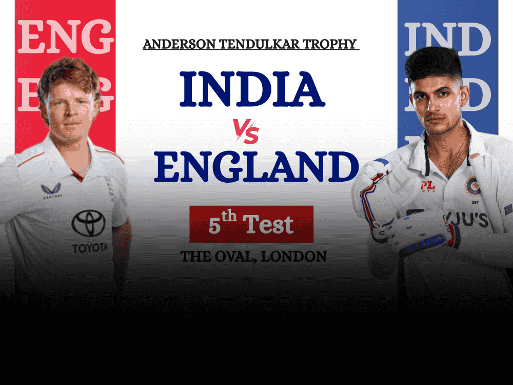 A poster showing India vs England 5th match prediction, where England captain Pope is on the left and Indian captain Gill is on the right, with bold match info.
