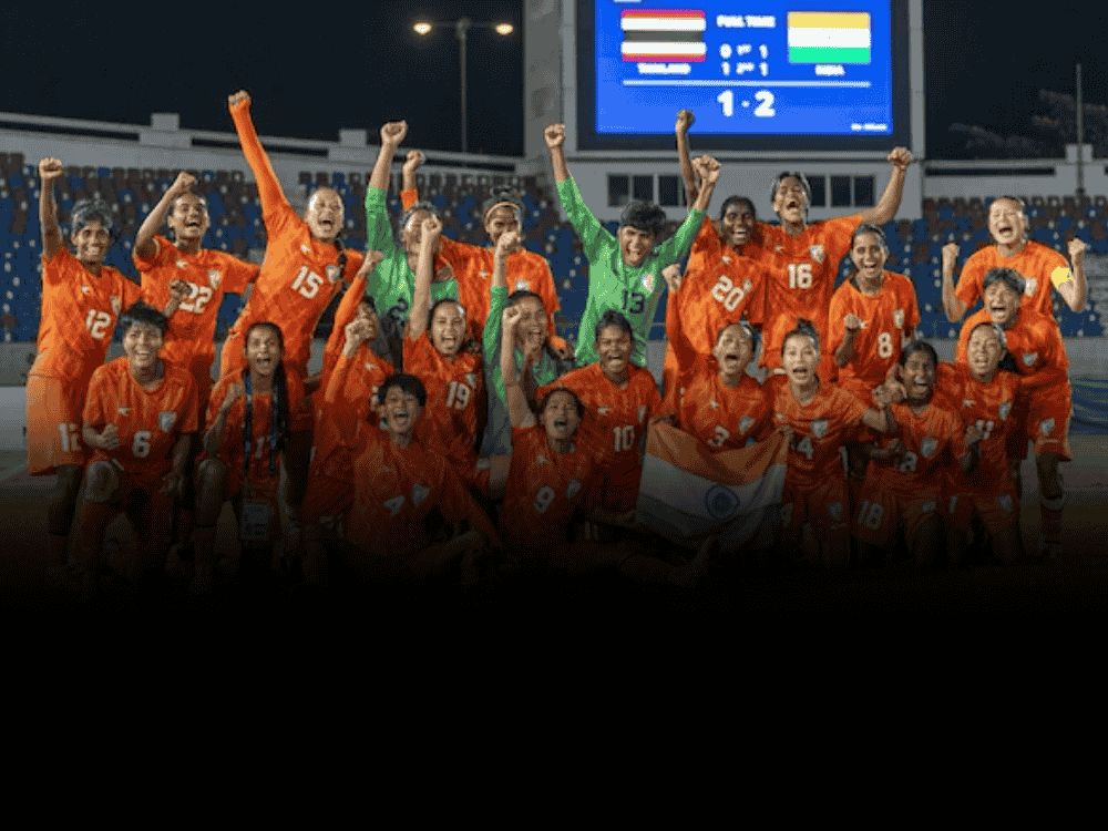 Indian women’s football team celebrating joyfully after beating Thailand 2-1 to qualify for the AFC Women’s Asian Cup 2026.