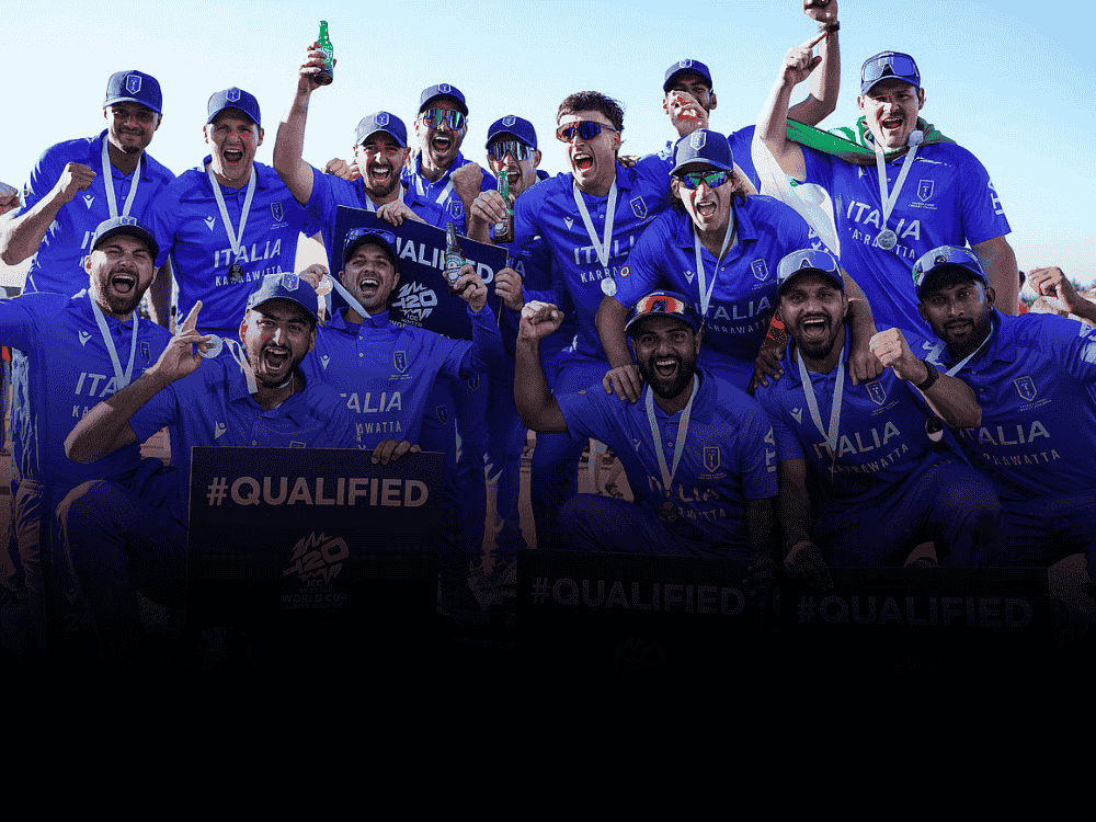 Italy cricket team celebrating together after qualifying for the 2026 T20 World Cup, which will be held in India and Sri Lanka.