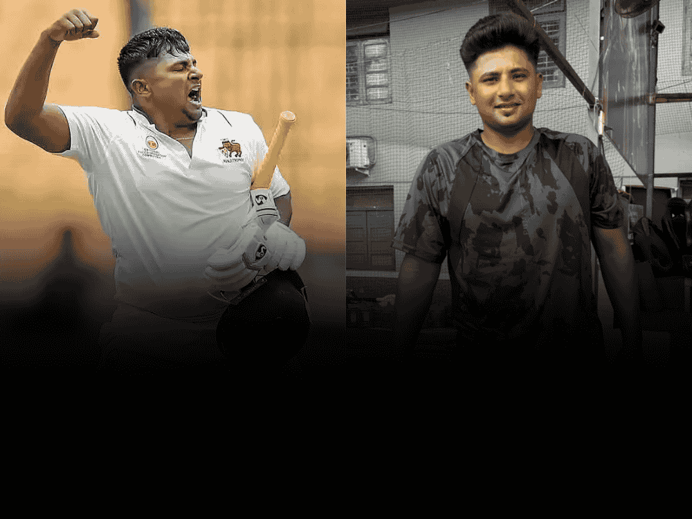 Side-by-side image of Sarfaraz Khan showing his fitness transformation – left side captures him in a domestic cricket jersey with a heavier physique, while the right side displays a noticeably fitter and leaner version.